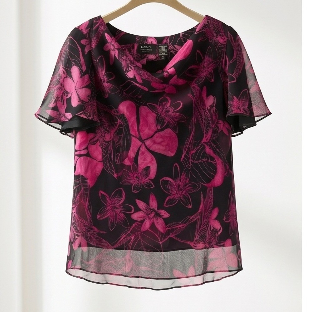 Dana Buchman 14 Vintage Pink Black Floral 100% Silk Cowl Neck Blouse Top Boho